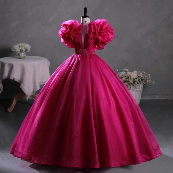 Vintage / Retro Ethnic Fuchsia Beading Prom Dresses 2023 Ball Gown Scoop Neck Ruffle Short Sleeve Backless Floor-Length / Long Prom Formal Dresses