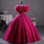 Vintage / Retro Ethnic Fuchsia Beading Prom Dresses 2023 Ball Gown Scoop Neck Ruffle Short Sleeve Backless Floor-Length / Long Prom Formal Dresses