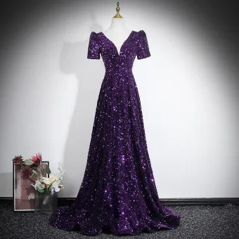 Sparkly Purple Sequins Evening Dresses 2026 A Line Princess V Neck Short Sleeve Backless Floor Length Long
