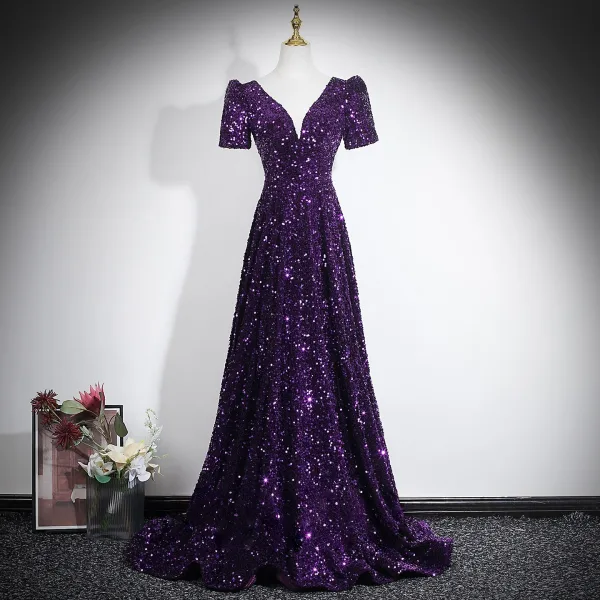 Sparkly Purple Sequins Evening Dresses 2026 A-Line / Princess V-Neck Short Sleeve Backless Floor-Length / Long