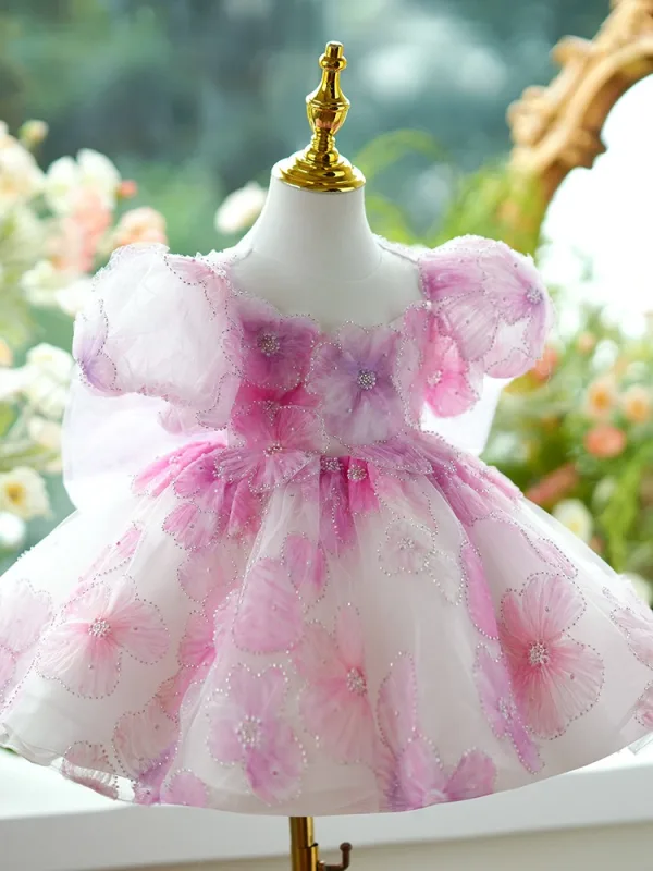 Chic / Beautiful Blushing Pink Appliques Beading Short Birthday Flower Girl Dresses 2024 Ball Gown Scoop Neck Puffy Short Sleeve Backless Tulle
