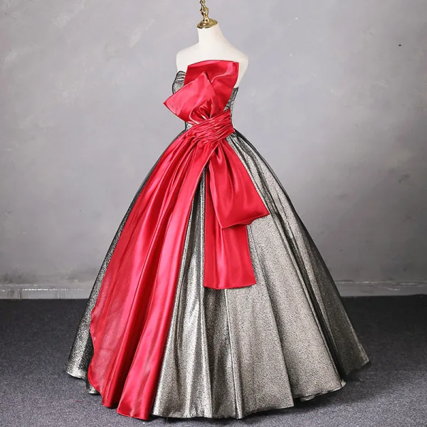 Unusual Grey Two Tone Satin Prom Dresses 2024 Ball Gown Strapless Sleeveless Backless Floor-Length / Long Prom Formal Dresses