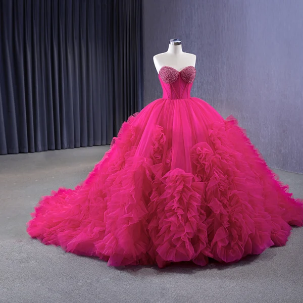 High-end Fuchsia Beading Pearl Sequins Cascading Ruffles Prom Dresses 2023 Ball Gown Strapless Corset Sleeveless Backless Chapel Train Prom Formal Dresses
