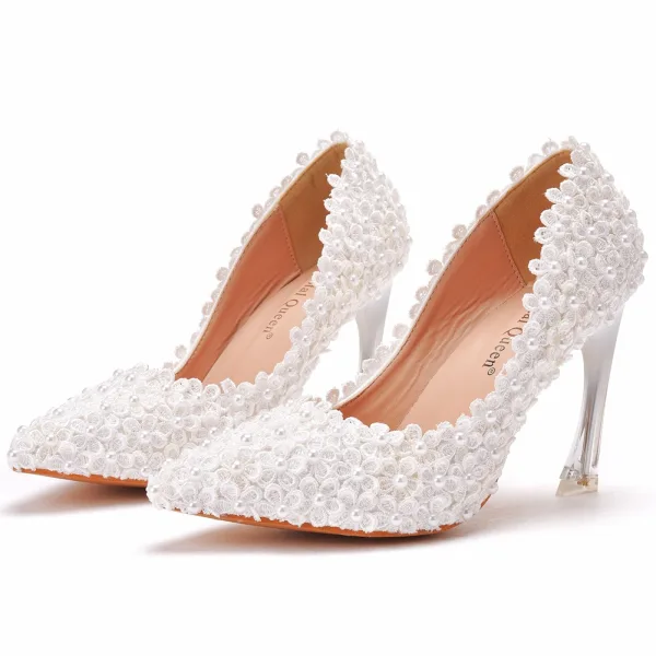 Elegant White Lace Flower Wedding Shoes 2022 Wedding Pearl 9 cm Stiletto Heels Pointed Toe Pumps High Heels