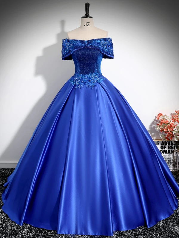 Vintage / Retro Royal Blue Beading Lace Flower Satin Prom Dresses 2024 Ball Gown Off-The-Shoulder Sleeveless Backless Floor-Length / Long Prom Formal Dresses