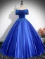 Vintage / Retro Royal Blue Beading Lace Flower Satin Prom Dresses 2024 Ball Gown Off-The-Shoulder Sleeveless Backless Floor-Length / Long Prom Formal Dresses