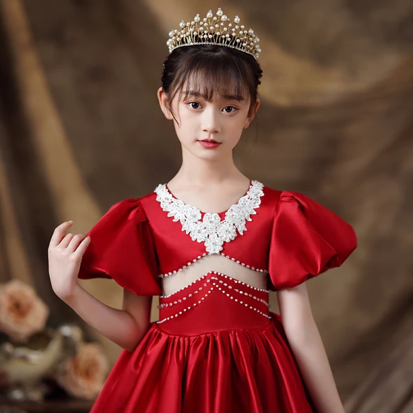 Audrey Hepburn Style Black Pearl Rhinestone Lace Flower Satin Flower Girl Dresses 2024 Ball Gown Birthday Scoop Neck Puffy Short Sleeve Floor-Length / Long