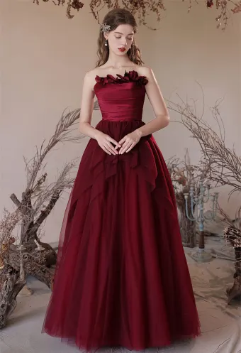 Chic Belle Bordeaux Appliques Robe De Bal 2024 Princesse Bustier Sans Manches Dos Nu Longue Promo Robe De Ceremonie