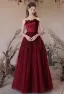Chic / Beautiful Burgundy Appliques Prom Dresses 2024 A-Line / Princess Strapless Sleeveless Backless Floor-Length / Long Prom Formal Dresses