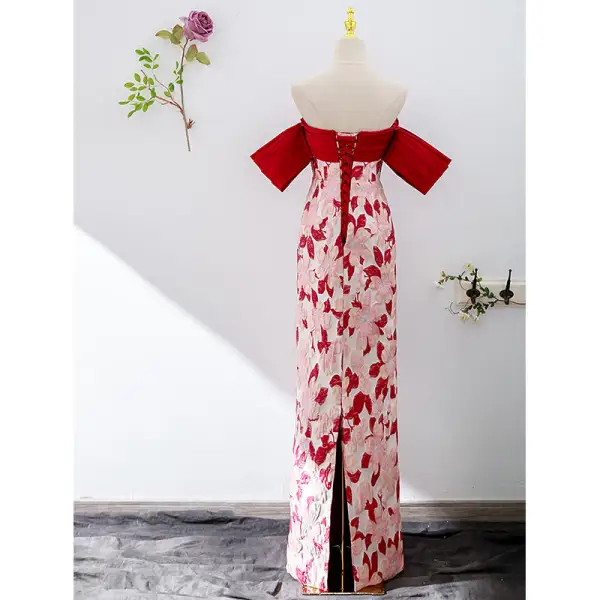 Vintage / Retro Red Printing Evening Dresses 2022 Trumpet / Mermaid Off-The-Shoulder Short Sleeve Backless Floor-Length / Long Evening Party Formal Dresses
