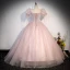 Charmant Rougissant Rose Perlage Paillettes Robe De Bal 2023 Robe Boule Encolure Carrée Manches Courtes Dos Nu Longue Promo Robe De Ceremonie