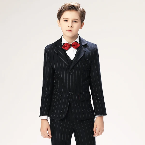 Classic 5-piece Stripe Black Long Sleeve Boys Wedding Suits 2022 Coat Pants Shirt Tie Vest Wedding