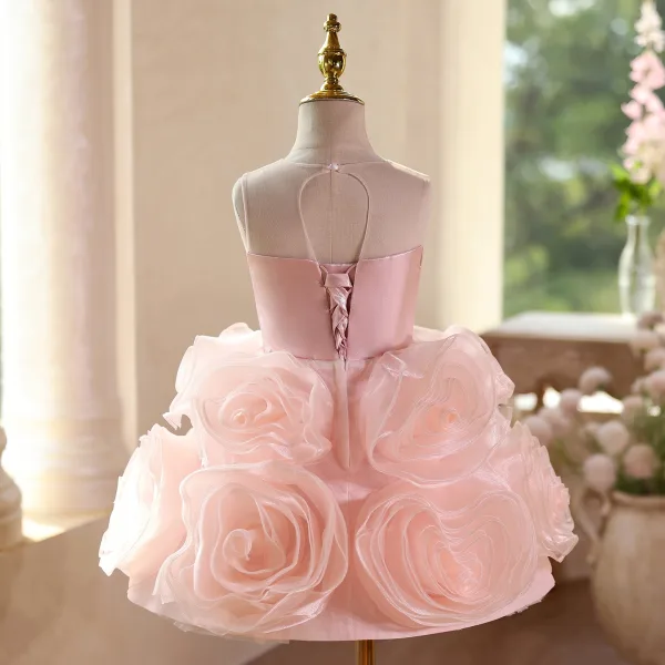 Lovely Blushing Pink Beading Appliques Sequins Short Birthday Flower Girl Dresses 2025 Ball Gown Scoop Neck Sleeveless Backless Tulle
