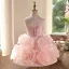 Lovely Blushing Pink Beading Appliques Sequins Short Birthday Flower Girl Dresses 2025 Ball Gown Scoop Neck Sleeveless Backless Tulle