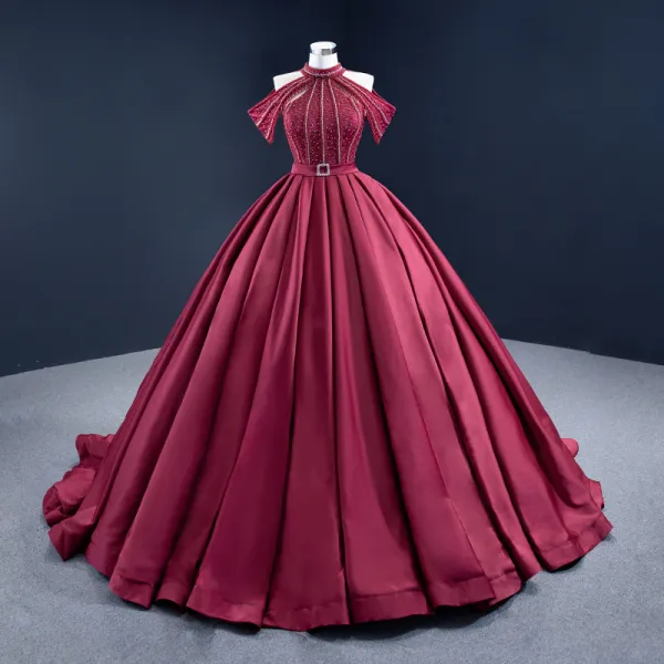 Luxury / Gorgeous Burgundy Quinceañera Handmade  Prom Dresses 2021 Halter Sleeveless Solid Color Satin Ball Gown Red Carpet Beading Formal Dresses Court Train