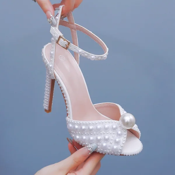 Elegant White Pearl Wedding Shoes 2024 Ankle Strap 8 cm Stiletto Heels Open / Peep Toe Wedding Sandals High Heels