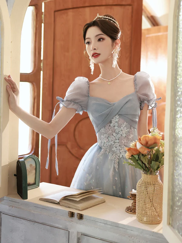Chic / Beautiful Sky Blue Beading Lace Flower Butterfly Prom Dresses 2023 A-Line / Princess Square Neckline Short Sleeve Backless Floor-Length / Long Prom Formal Dresses