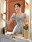 Chic / Beautiful Sky Blue Beading Lace Flower Butterfly Prom Dresses 2023 A-Line / Princess Square Neckline Short Sleeve Backless Floor-Length / Long Prom Formal Dresses