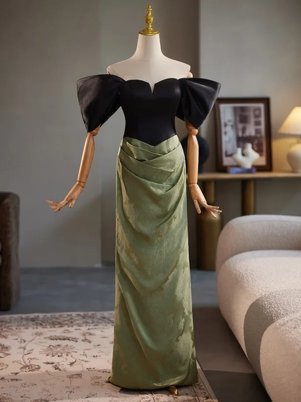Fashion Army Green Prom Dresses 2024 Ball Gown Off-The-Shoulder Short Sleeve Backless Floor-Length / Long Prom Formal Dresses