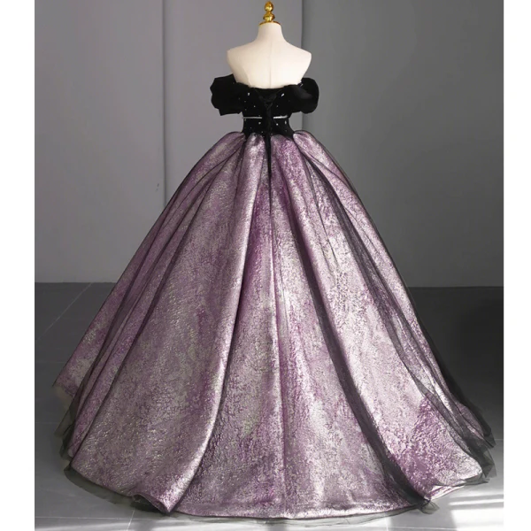 Vintage / Retro Black Rhinestone Sash Satin Prom Dresses 2023 Ball Gown Off-The-Shoulder Short Sleeve Backless Floor-Length / Long Formal Dresses
