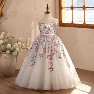 Vintage Retro Bling Bling White Sequins Lace Flower Birthday Flower Girl Dresses 2026 Ball Gown Scoop Neck Sleeveless Backless Floor Length Long Tulle