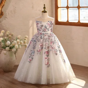 Vintage Originale Bling Bling Blanche Paillettes En Dentelle Fleur Anniversaire Robe Ceremonie Fille 2026 Robe Boule Encolure Dégagée Sans Manches Dos Nu Longue Tulle