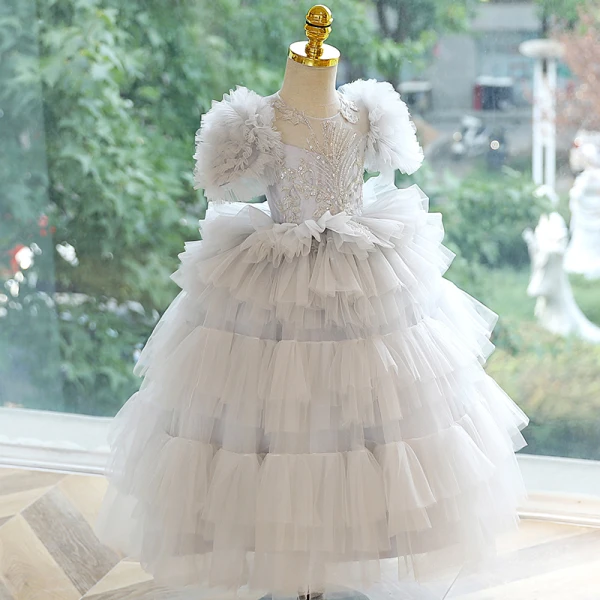Chic / Beautiful Grey Beading Sequins Cascading Ruffles Flower Girl Dresses 2023 Ball Gown Scoop Neck Puffy Short Sleeve Backless Floor-Length / Long Flower Girl Dresses