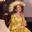 Vintage / Retro Medieval Yellow Prom Dresses 2022 Ball Gown Scoop Neck Beading Sequins Cascading Ruffles Bell sleeves Backless Floor-Length / Long Formal Dresses