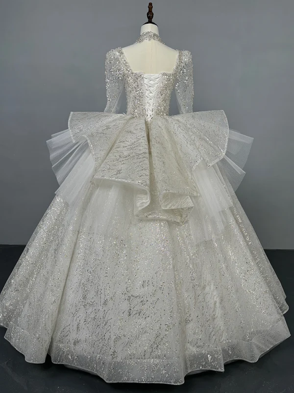 Scintillantes Blanche Perlage Glitter Paillettes Robe De Mariée 2024 Robe Boule Encolure Carrée Manches Longues Dos Nu Longue Mariage