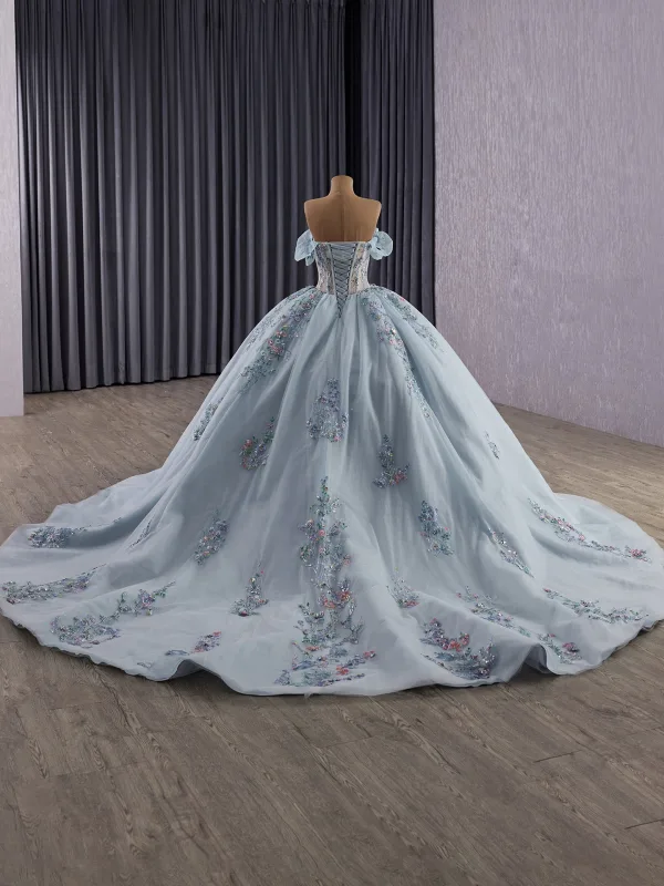 High-end Sky Blue Sequins Lace Flower Prom Dresses 2025 Ball Gown Off-The-Shoulder Short Sleeve Backless Court Train Formal Dresses