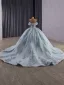 High-end Sky Blue Sequins Lace Flower Prom Dresses 2025 Ball Gown Off-The-Shoulder Short Sleeve Backless Court Train Formal Dresses