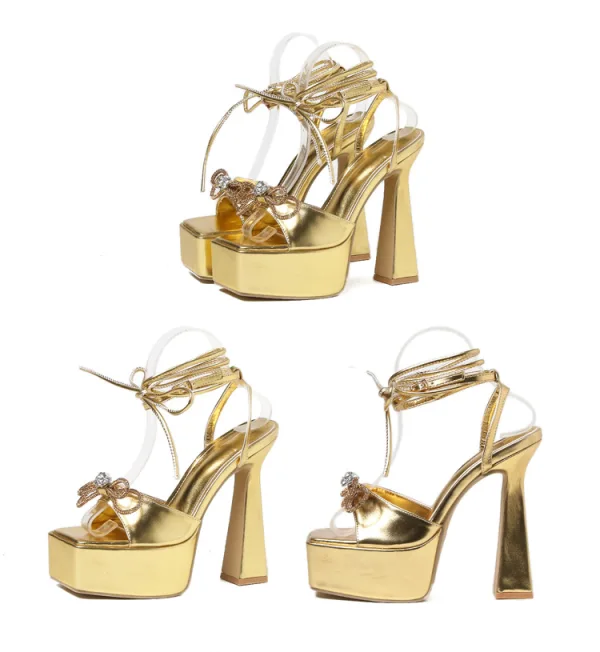 Sexy Argenté Soirée Faux Diamant Noeud Sandales Femme 2023 Bride Cheville 15 cm Talons Aiguilles Peep Toes / Bout Ouvert Sandales Talons Hauts
