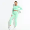 Solid Color Sky Blue Tight  Yoga & Sport Set Scoop Neck Long Sleeve Bodycon Leggings 2021
