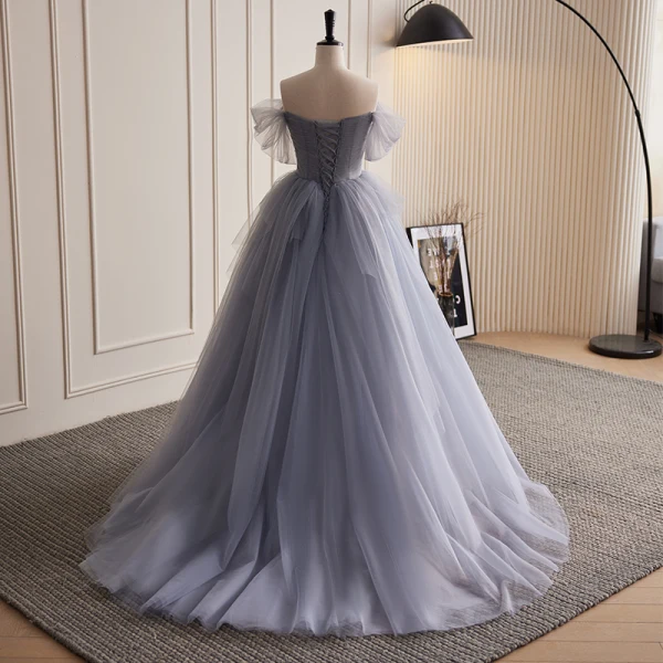 Chic / Belle Argenté Gris Perlage Perle Paillettes Appliques Plissée Robe De Bal 2023 Robe Boule De l'épaule Sans Manches Dos Nu Train De Balayage Promo