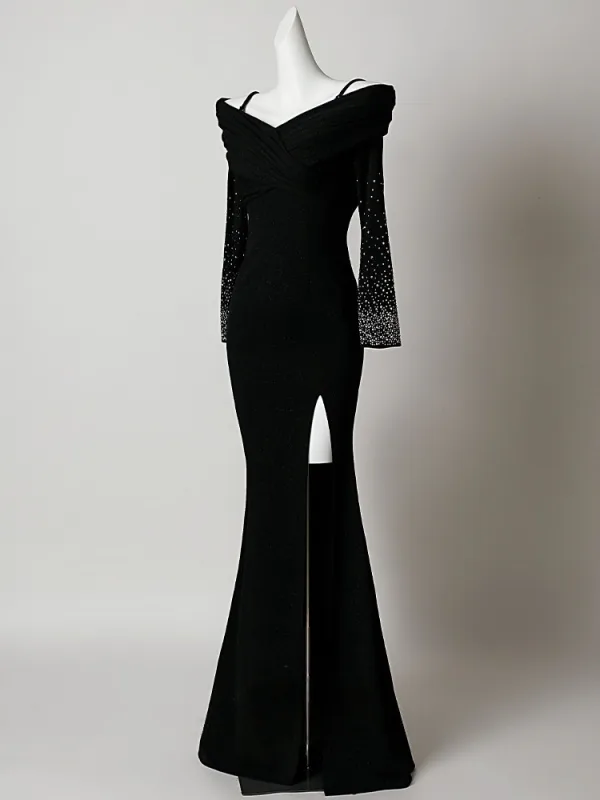 Charmant Noire Faux Diamant Fendue devant Robe De Soirée 2026 Trompette / Sirène De l'épaule Manches Longues Longue Robe De Ceremonie