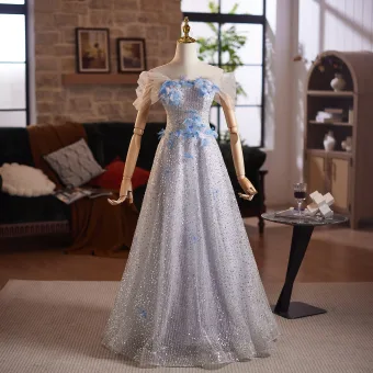 Scintillantes Gris Perlage Appliques Paillettes Robe De Bal 2025 Princesse De L Épaule Manches Courtes Dos Nu Longue Robe De Ceremonie