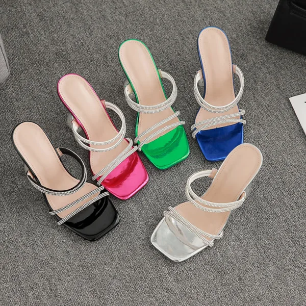Sexy Silver Evening Party Rhinestone Womens Sandals High Heels 2022 9 cm Stiletto Heels Open / Peep Toe Womens Sandals
