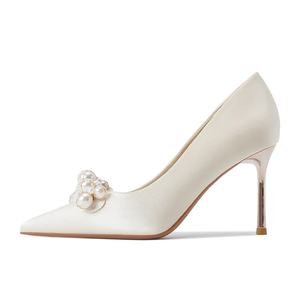 Elegant Beige Satin Pearl Wedding Shoes 2023 8 cm Stiletto Heels Pointed Toe Wedding Pumps High Heels