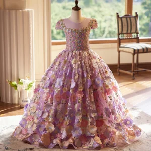 Fée Des Fleurs Lavande En Dentelle Fleur Anniversaire Robe Ceremonie Fille 2024 Robe Boule Encolure Dégagée Mancherons Dos Nu Longue