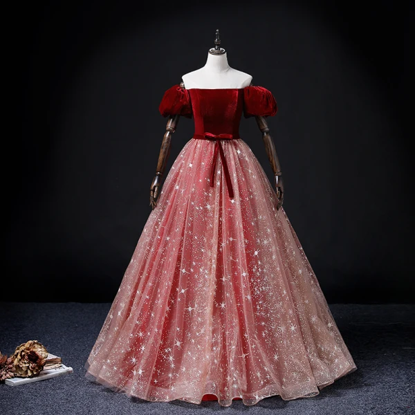 Elegant Burgundy Prom Dresses 2022 Ball Gown Off-The-Shoulder Puffy Short Sleeve Bow Sash Backless Floor-Length / Long Formal Dresses