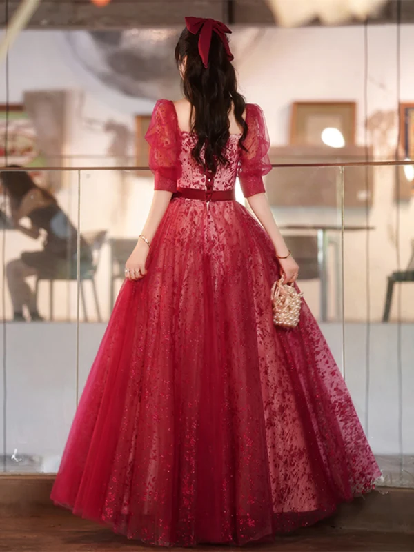 Chic / Belle Bordeaux Robe De Bal 2022 Princesse Encolure Carrée Paillettes Manches Courtes Dos Nu Noeud Ceinture Longue Robe De Ceremonie