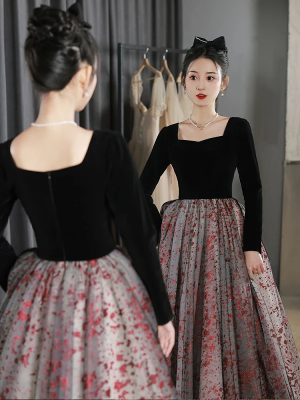Elegant Black Evening Dresses 2023 A-Line / Princess Square Neckline Long Sleeve Backless Floor-Length / Long Evening Party Formal Dresses