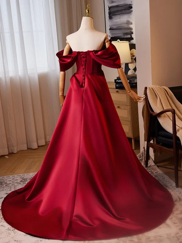 Élégant Bordeaux Paillettes En Dentelle Fleur Satin Robe De Bal 2024 Princesse De l'épaule Manches Courtes Dos Nu Train De Balayage Promo Robe De Ceremonie