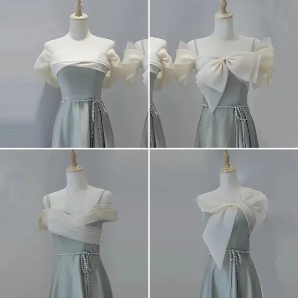 Modest / Simple Grey Satin Bridesmaid Dresses 2022 A-Line / Princess Spaghetti Straps Short Sleeve Pearl Sash Backless Tea-length Bridesmaid Dresses
