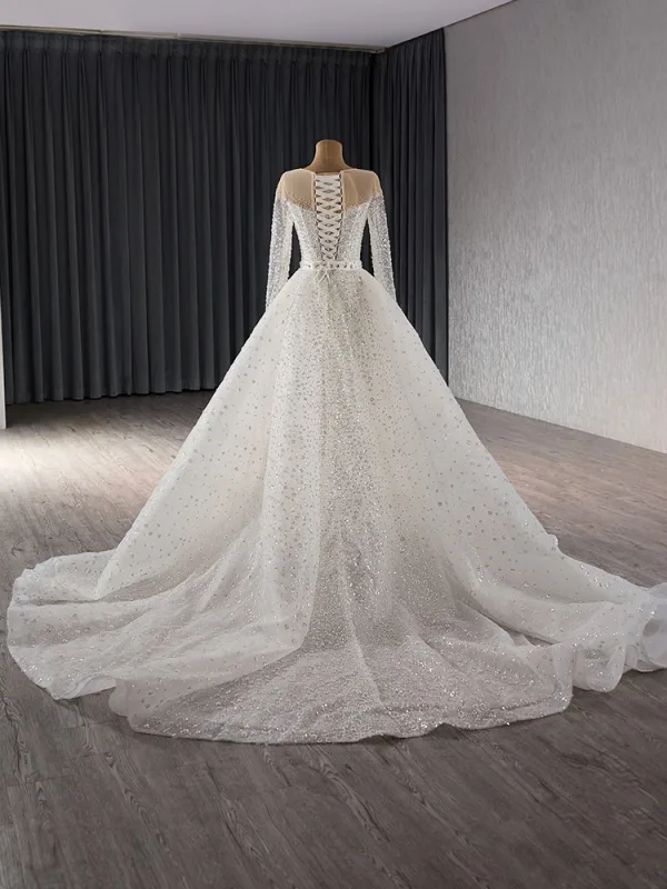 High-end White Handmade  Beading Sequins Wedding Dresses 2024 Trumpet / Mermaid Scoop Neck Long Sleeve Court Train Wedding