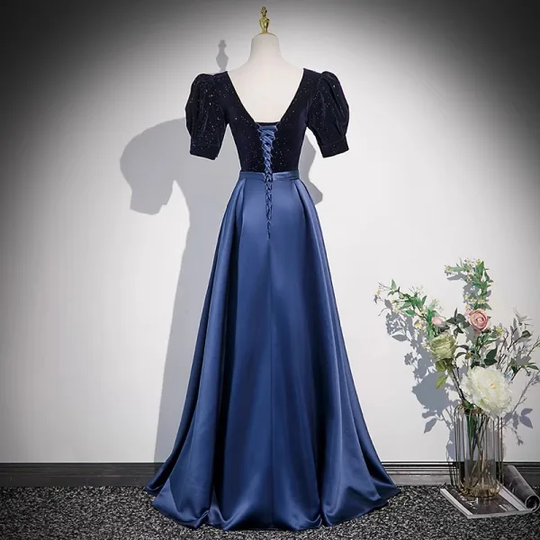 Vintage / Retro Navy Blue Sequins Satin Prom Dresses 2023 A-Line / Princess Square Neckline Short Sleeve Backless Floor-Length / Long Formal Dresses