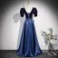 Vintage / Retro Navy Blue Sequins Satin Prom Dresses 2023 A-Line / Princess Square Neckline Short Sleeve Backless Floor-Length / Long Formal Dresses