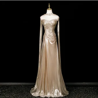 Sexy Champagne Sweep Train Evening Dresses 2025 Trumpet Mermaid Strapless Sleeveless Backless Evening Party Formal Dresses