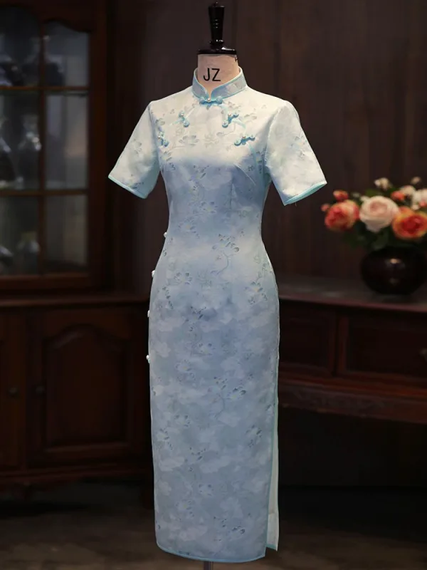 Chinese style Sky Blue Printing Tea-length Silk Cheongsam 2026 Trumpet / Mermaid High Neck Short Sleeve