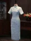 Chinese style Sky Blue Printing Tea-length Silk Cheongsam 2026 Trumpet / Mermaid High Neck Short Sleeve